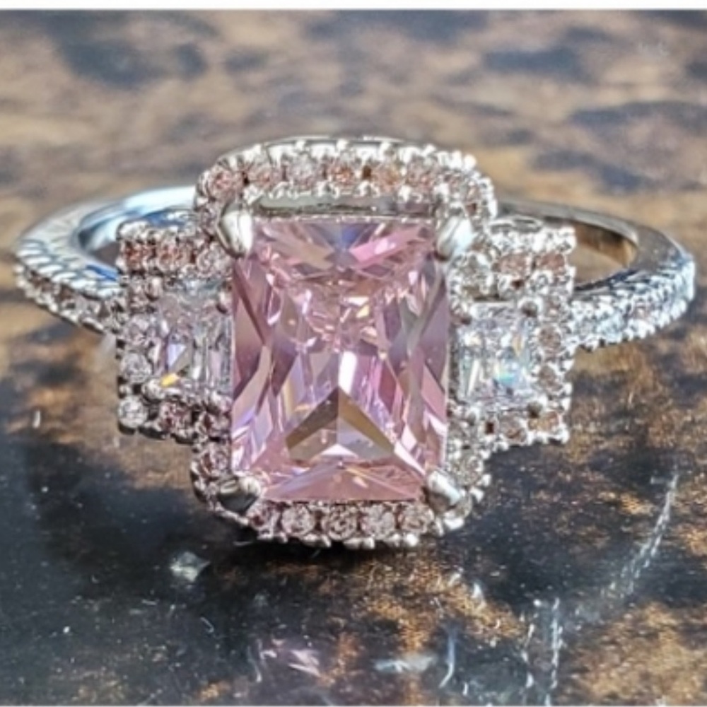 Pink Halo Engagement Ring with Square Center Stone - Unbranded